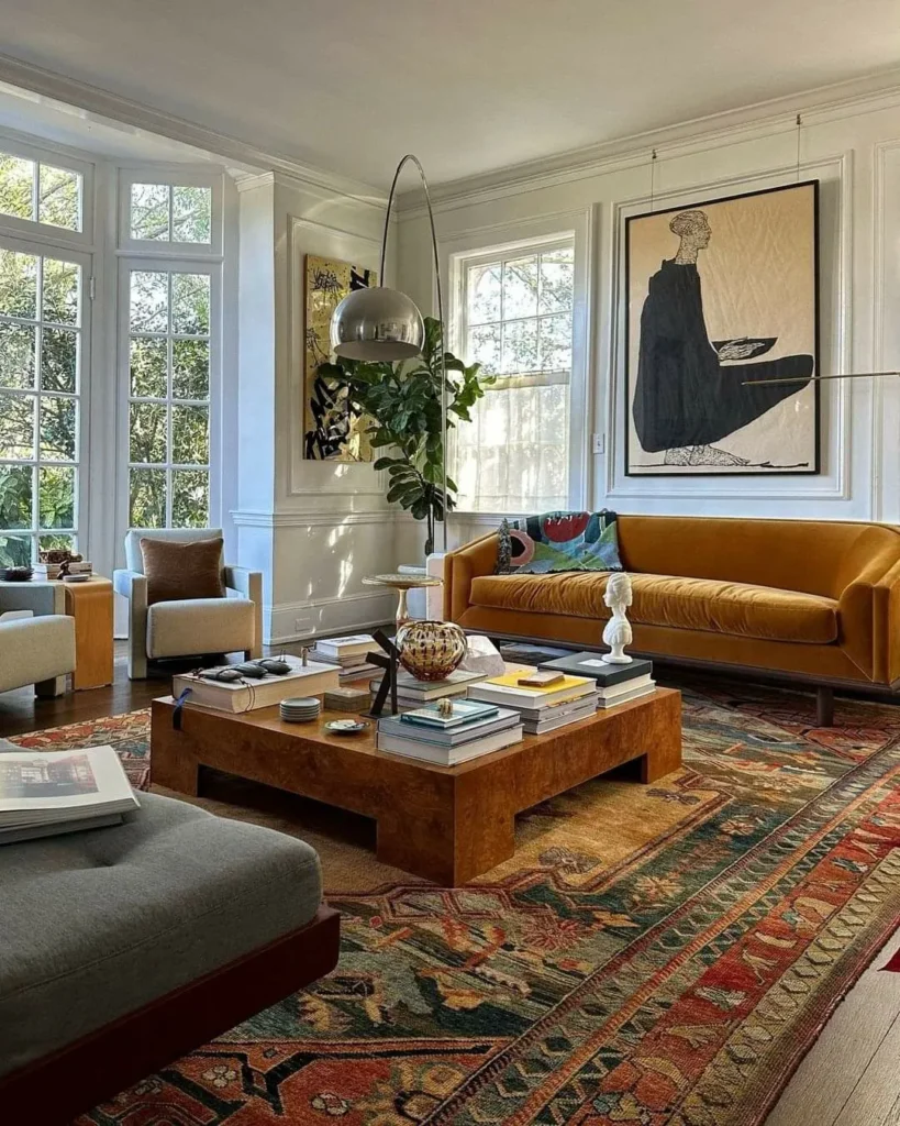 Collected living room with a burl wood coffee table, an ochre velvet sofa and a large Persian rug