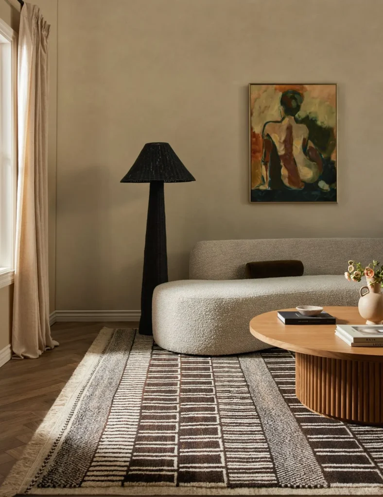 Warm neutral living room with a curved bouclé sofa, black floor lamp, striped rug and figurative painting