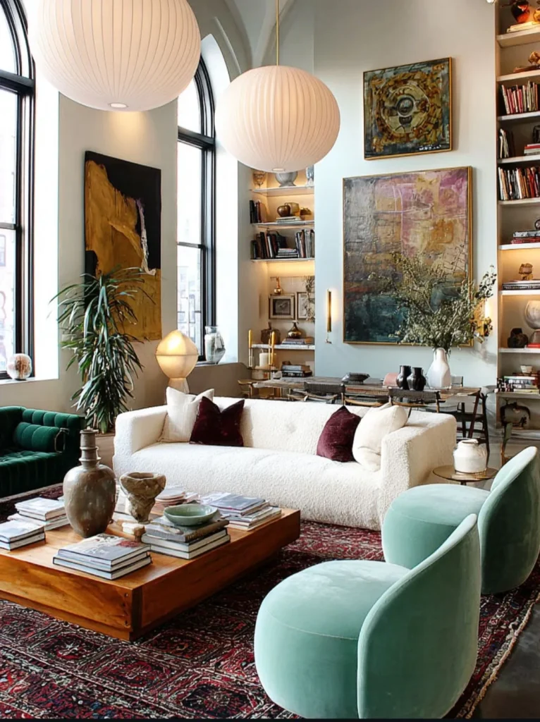 Double-height living room with paper lantern pendants, a white sofa, mint armchairs and a wall of books and art