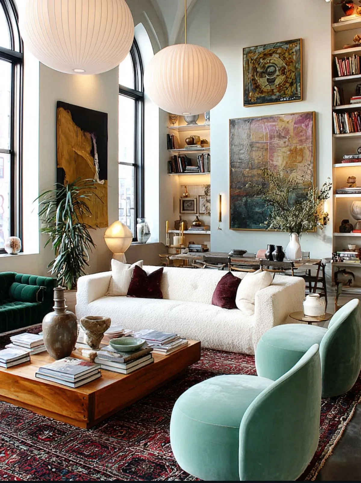Double-height living room with paper lantern pendants, a white sofa, mint armchairs and a wall of books and art