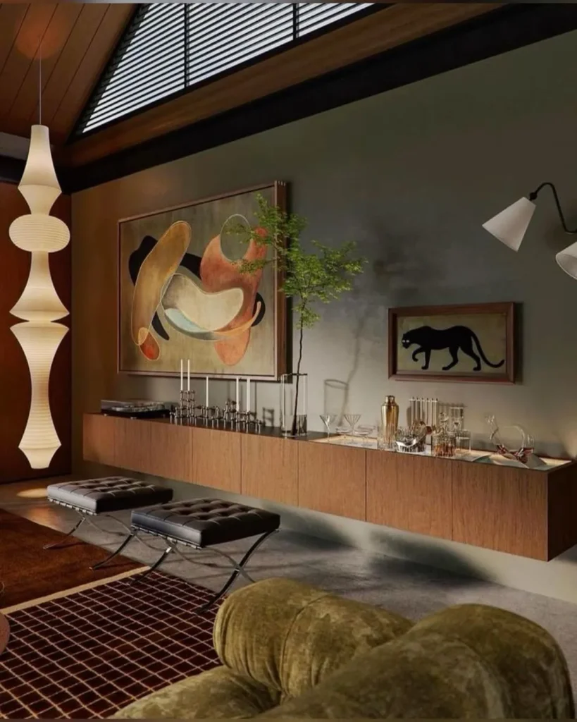 Living room with a paper lantern, large abstract painting, leather benches and a velvet sofa
