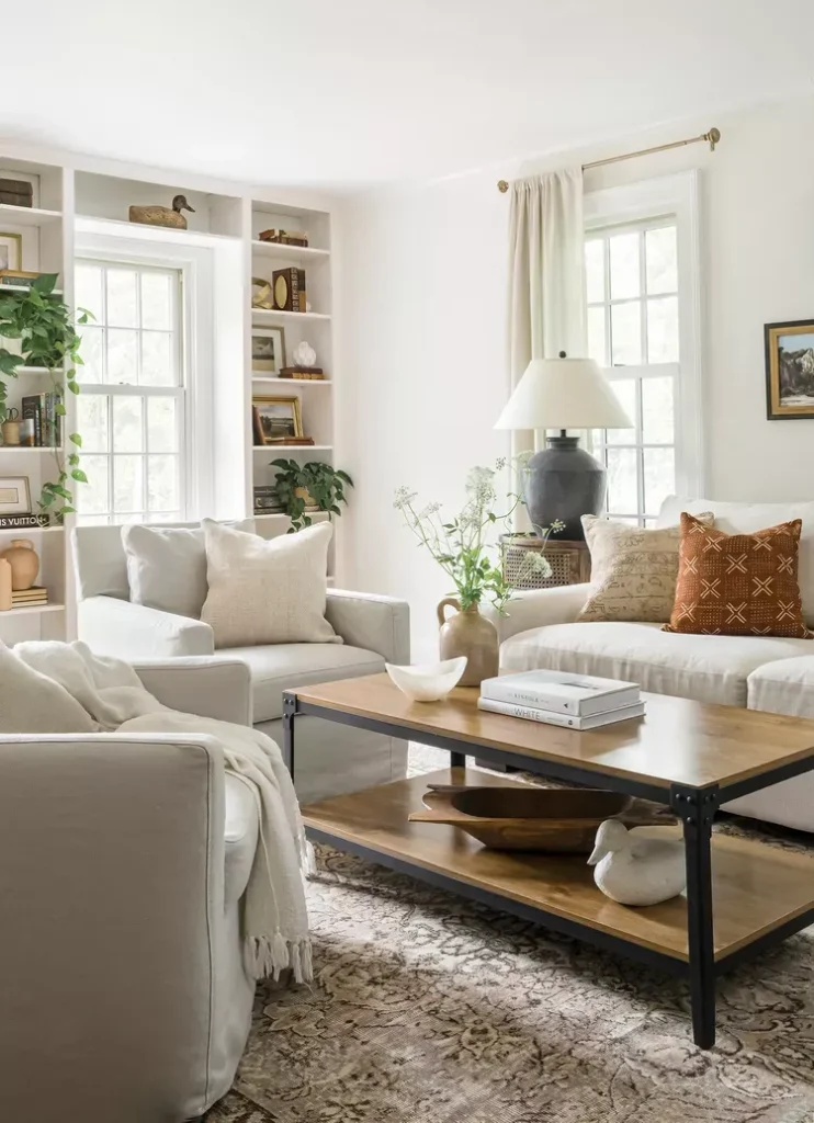 Bright living room with white built-in shelves, linen sofas and a wooden coffee table