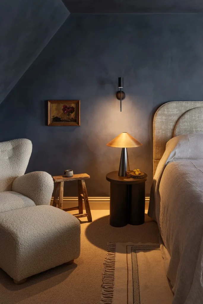 Bedroom with deep blue textured walls and matching skirting, a bouclé armchair and a brass table lamp